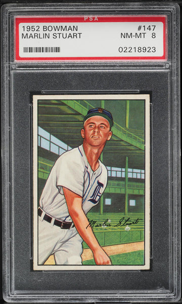 1952 Bowman BB Card #147 Marlin Stuart Detroit Tigers ROOKIE RC PSA 8 NM-MT (MGD2)