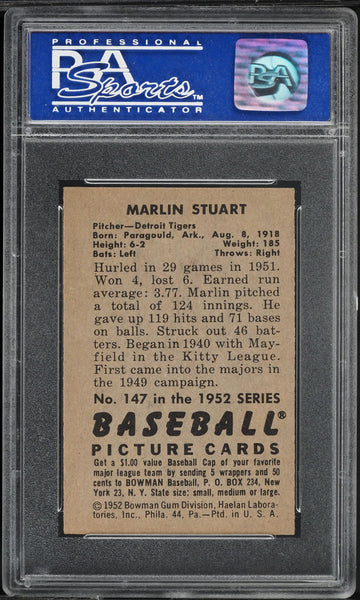 1952 Bowman BB Card #147 Marlin Stuart Detroit Tigers ROOKIE RC PSA 8 NM-MT (MGD2)