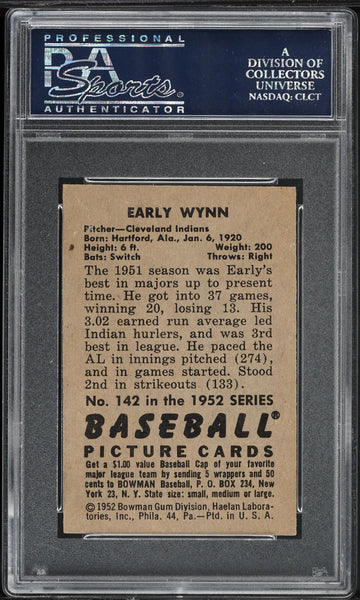 1952 Bowman BB Card #142 Early Wynn Cleveland Indians HOF PSA 8 NM-MT (MGD2)