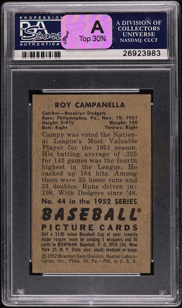 1952 Bowman BB Card # 44 Roy Campanella Brooklyn Dodgers HOF PSA 7 NRMT (PWCC-A) (MGD2)