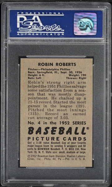 1952 Bowman BB Card # 4 Robin Roberts Philadelphia Phillies HOF PSA 8 NM-MT (MGD2)