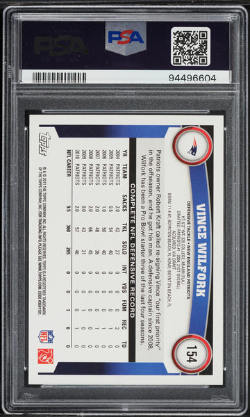 2011 Topps FB Card #154 Vince Wilfork New England Patriots HOF PSA 10 GEM MINT (MGD2)