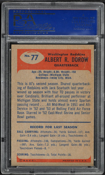 1955 Bowman FB Card # 77 AL Dorow Washington Redskins ROOKIE RC PSA 7 NRMT (MGD2)