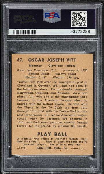 1940 Play Ball BB Card # 47 Oscar Vitt Cleveland Indians PSA 5 EX (MGD2)