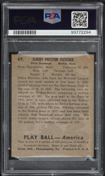 1939 Play Ball BB Card # 69 Elbie Fletcher Boston Bees ROOKIE RC PSA 6 EXMT (MGD2)
