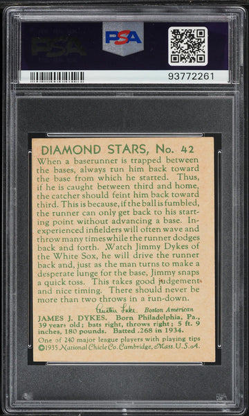 1935 Diamond Stars BB Card # 42 Jimmy Dykes Chicago White Sox PSA 5 EX (MGD2)