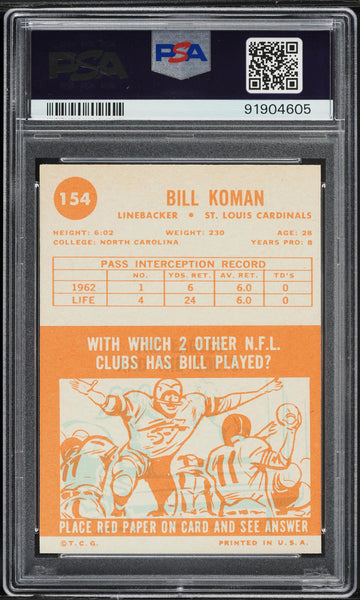 1963 Topps FB Card #154 Bill Koman St. Louis Cardinals ROOKIE RC PSA 8 NM-MT (MGD2)