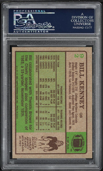 1984 Topps FB Card # 92 Bill Kenney Kansas City Chiefs PSA 9 MINT (MGD2)