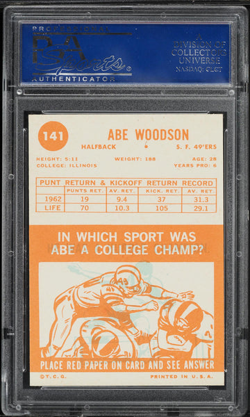 1963 Topps FB Card #141 Abe Woodson San Francisco 49ers PSA 8 NM-MT (MGD2)