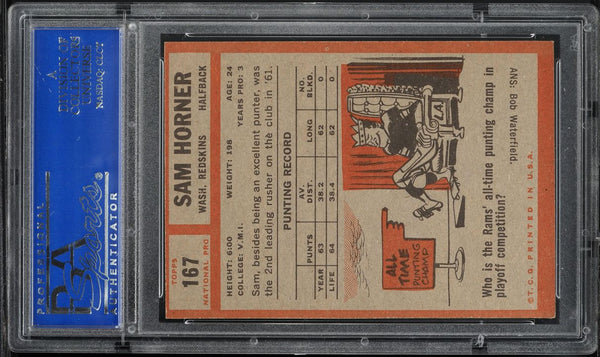 1962 Topps FB Card #167 Sam Horner Washington Redskins ROOKIE RC PSA 6 EXMT (MGD2)