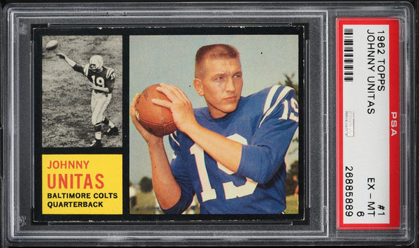 1962 Topps FB Card # 1 Johnny Unitas Baltimore Colts HOF PSA 6 EXMT (MGD2)