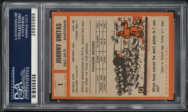 1962 Topps FB Card # 1 Johnny Unitas Baltimore Colts HOF PSA 6 EXMT (MGD2)