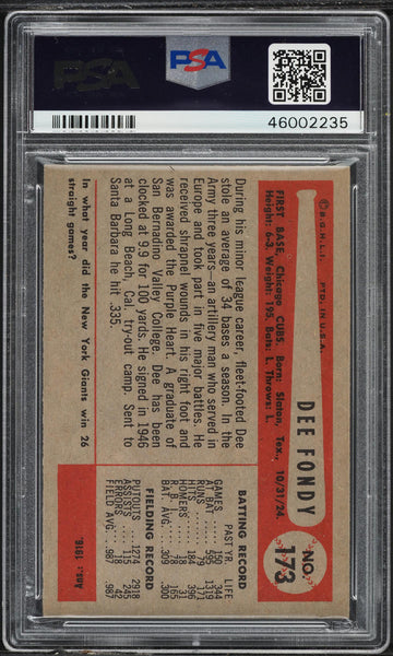1954 Bowman BB Card #173 Dee Fondy Chicago Cubs PSA 7 NRMT (MGD2)