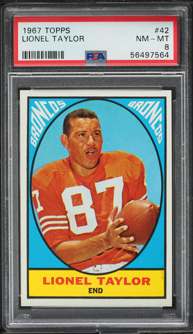 1967 Topps FB Card # 42 Lionel Taylor Denver Broncos HOF PSA 8 NM-MT (MGD2)