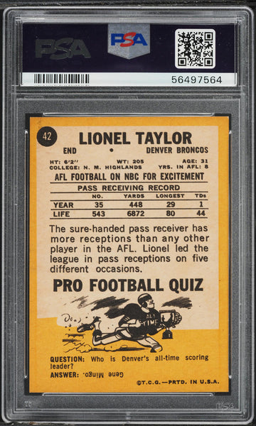1967 Topps FB Card # 42 Lionel Taylor Denver Broncos HOF PSA 8 NM-MT (MGD2)