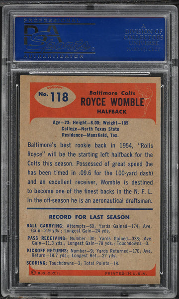 1955 Bowman FB Card #118 Royce Womble Baltimore Colts ROOKIE RC PSA 7 NRMT (MGD2)