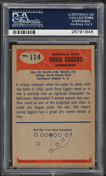 1955 Bowman FB Card #114 Doug Eggers Baltimore Colts ROOKIE RC PSA 8 NM-MT (MGD2)