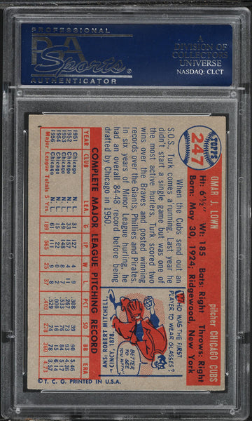 1957 Topps BB Card #247 Turk Lown Chicago Cubs PSA 7.5 NRMT+ (MGD2)
