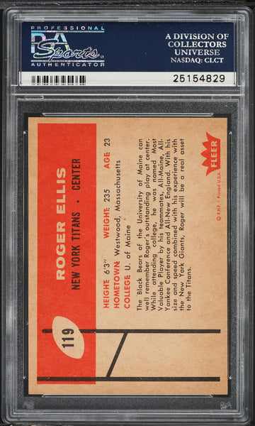 1960 Fleer FB Card #119 Roger Ellis New York Titans ROOKIE RC PSA 8 NM-MT (MGD2)