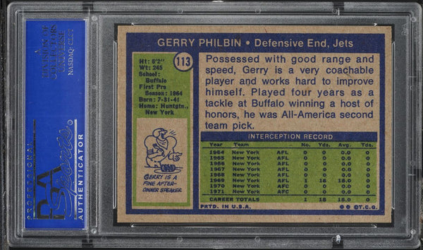 1972 Topps FB Card #113 Gerry Philbin New York Jets HOF PSA 8 NM-MT (MGD2)