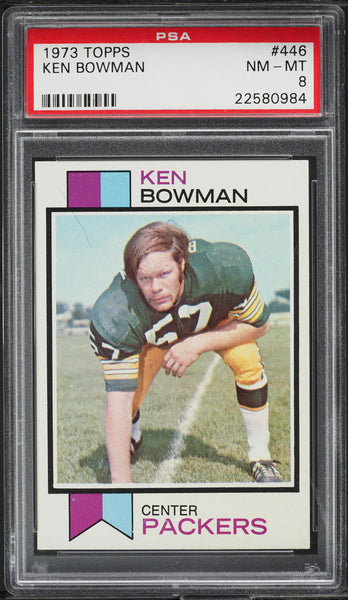 1973 Topps FB Card #446 Ken Bowman Green Bay Packers HOF PSA 8 NM-MT (MGD2)