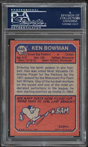 1973 Topps FB Card #446 Ken Bowman Green Bay Packers HOF PSA 8 NM-MT (MGD2)