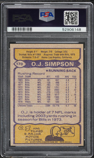 1979 Topps FB Card #170 O.J. Simpson San Francisco 49ers HOF PSA 7 NRMT (MGD2)