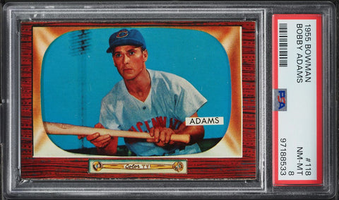 1955 Bowman BB Card #118 Bobby Adams Cincinnati Redlegs PSA 8 NM-MT (MGD2)
