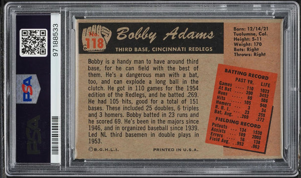 1955 Bowman BB Card #118 Bobby Adams Cincinnati Redlegs PSA 8 NM-MT (MGD2)