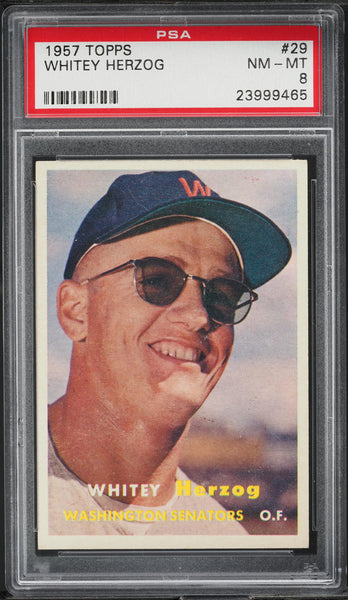 1957 Topps BB Card # 29 Whitey Herzog Washington Senators ROOKIE HOF PSA NM-MT 8 (MGD2)
