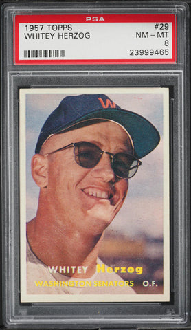 1957 Topps BB Card # 29 Whitey Herzog Washington Senators ROOKIE HOF PSA NM-MT 8 (MGD2)