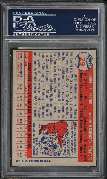 1957 Topps BB Card # 29 Whitey Herzog Washington Senators ROOKIE HOF PSA NM-MT 8 (MGD2)