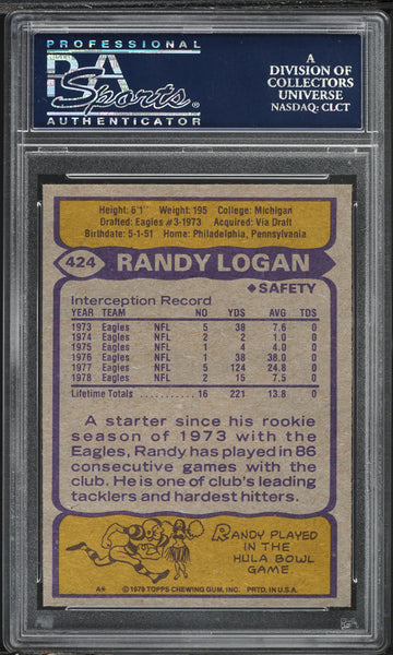 1979 Topps FB Card #424 Randy Logan Philadelphia Eagles PSA 9 MINT (MGD2)