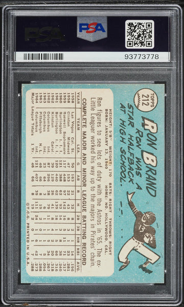 1965 Topps BB Card #212 Ron Brand Houston Astros PSA 8 NM-MT (MGD2)