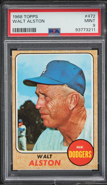 1968 Topps BB Card #472 Walt Alston Los Angeles Dodgers HOF PSA 9 MINT (MGD2)