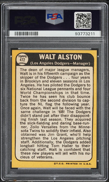 1968 Topps BB Card #472 Walt Alston Los Angeles Dodgers HOF PSA 9 MINT (MGD2)