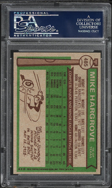 1976 Topps BB Card #485 Mike Hargrove Texas Rangers PSA 10 GEM MINT (MGD2)