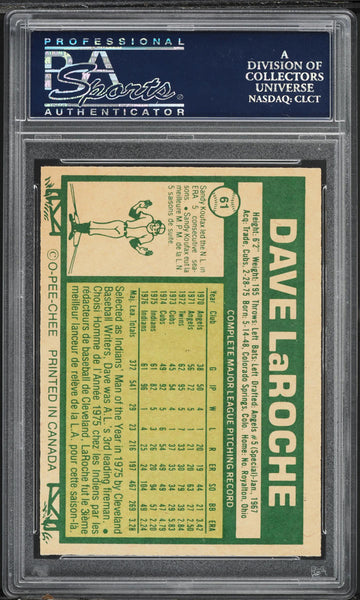 1977 O-Pee-Chee BB Card # 61 Dave LaRoche Cleveland Indians PSA 9 MINT (MGD2)