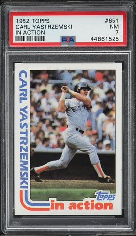1982 Topps BB Card #651 Carl Yastrzemski Boston Red Sox IN ACTION HOF PSA 7 NRMT (MGD2)