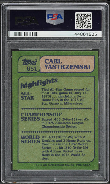 1982 Topps BB Card #651 Carl Yastrzemski Boston Red Sox IN ACTION HOF PSA 7 NRMT (MGD2)