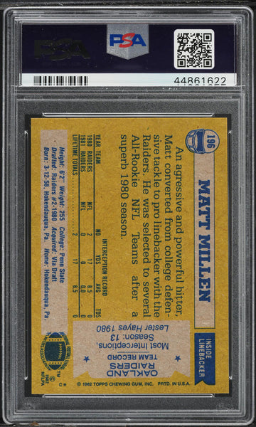 1982 Topps FB Card #196 Matt Millen Oakland Raiders ROOKIE RC PSA 8 NM-MT (MGD2)