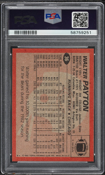 1983 Topps FB Card # 36 Walter Payton Chicago Bears HOF PSA 9 MINT (MGD2)
