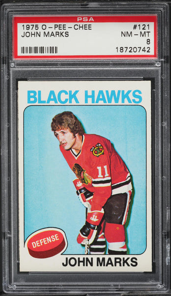 1975 O-Pee-Chee Hockey Card #121 John Marks Chicago Blackhawks PSA 8 NM-MT (MGD2)