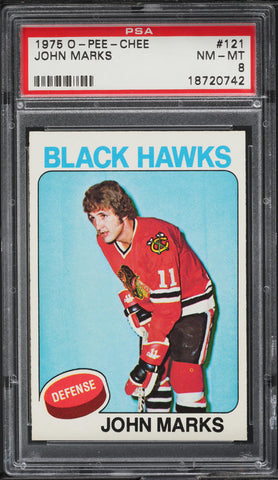 1975 O-Pee-Chee Hockey Card #121 John Marks Chicago Blackhawks PSA 8 NM-MT (MGD2)