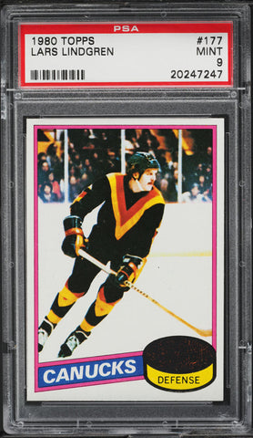 1980 Topps Hockey Card #177 Lars Lindgren Vancouver Canucks ROOKIE RC PSA 9 MINT (MGD2)