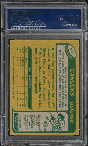 1980 Topps Hockey Card #177 Lars Lindgren Vancouver Canucks ROOKIE RC PSA 9 MINT (MGD2)