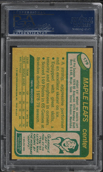 1980 Topps Hockey Card #179 Laurie Boschman Maple Leafs ROOKIE RC PSA 9 MINT (MGD2)
