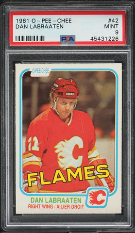 1981 O-Pee-Chee Hockey Card # 42 Dan Labraaten Calgary Flames PSA 9 MINT (MGD2)