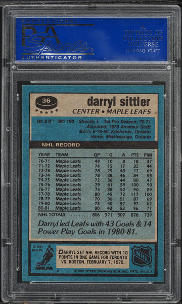 1981 Topps Hockey Card # 36 Darryl Sittler Toronto Maple Leafs PSA 9 MINT (MGD2)