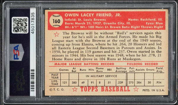 1952 Topps BB Card #160 Owen Friend St. Louis Browns PSA 6 EXMT (MGD2)